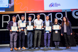 HKU mechanical team (from left): Dr Kwok Ka-wai, Mr Lee Kit-hang, Mr Fu Hing-choi, Mr Ho Di-lang Justin, Mr Dong Ziyang and Ms Guo Ziyan receive the Best Conference Paper Award in ICRA 2018.